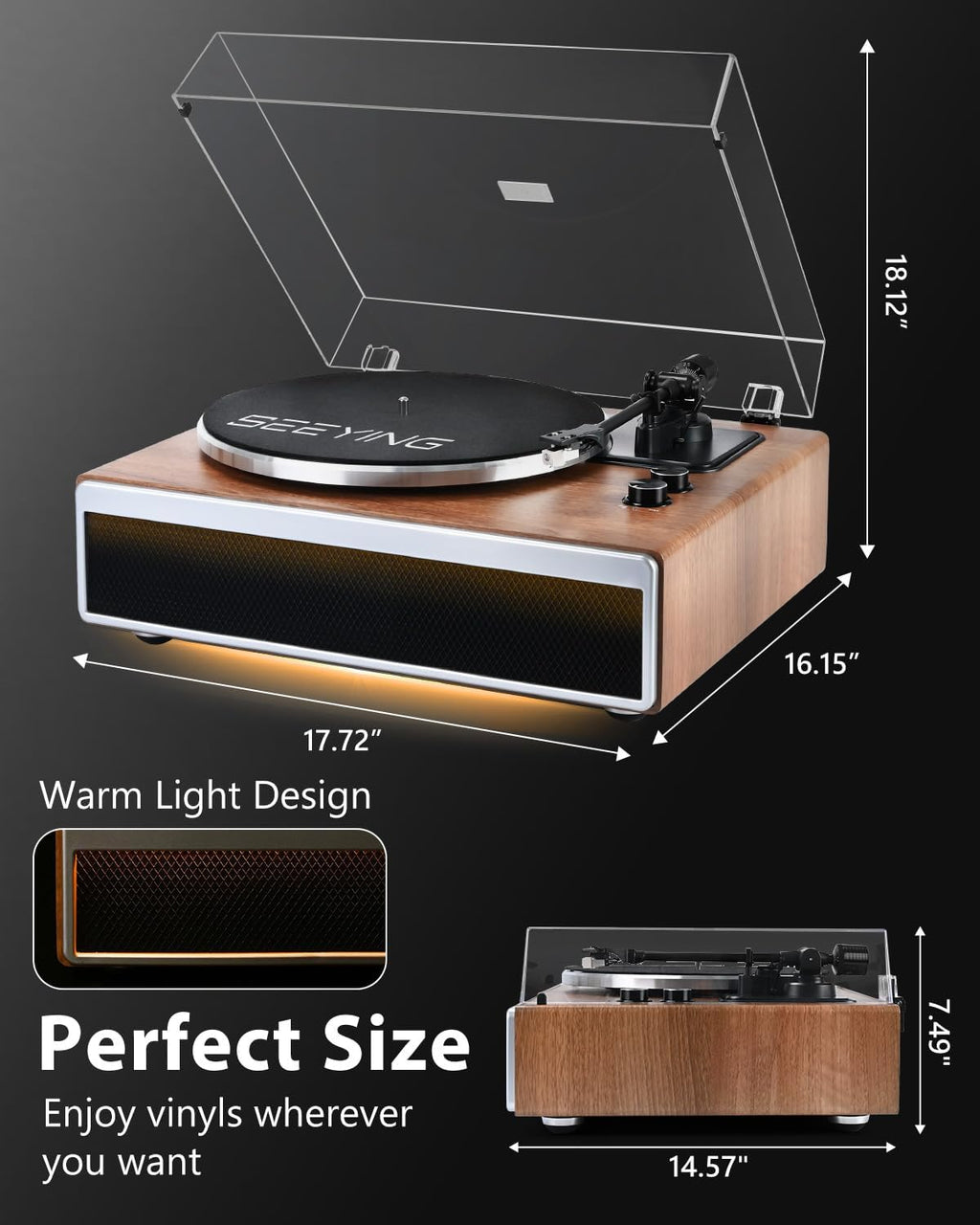 SeeYing Vinyl Record Player with Built in HiFi Speakers, Bluetooth Belt Drive Turntable for Vinyl Records with Magnetic Cartridge, Auto Stop and Warm Light Design