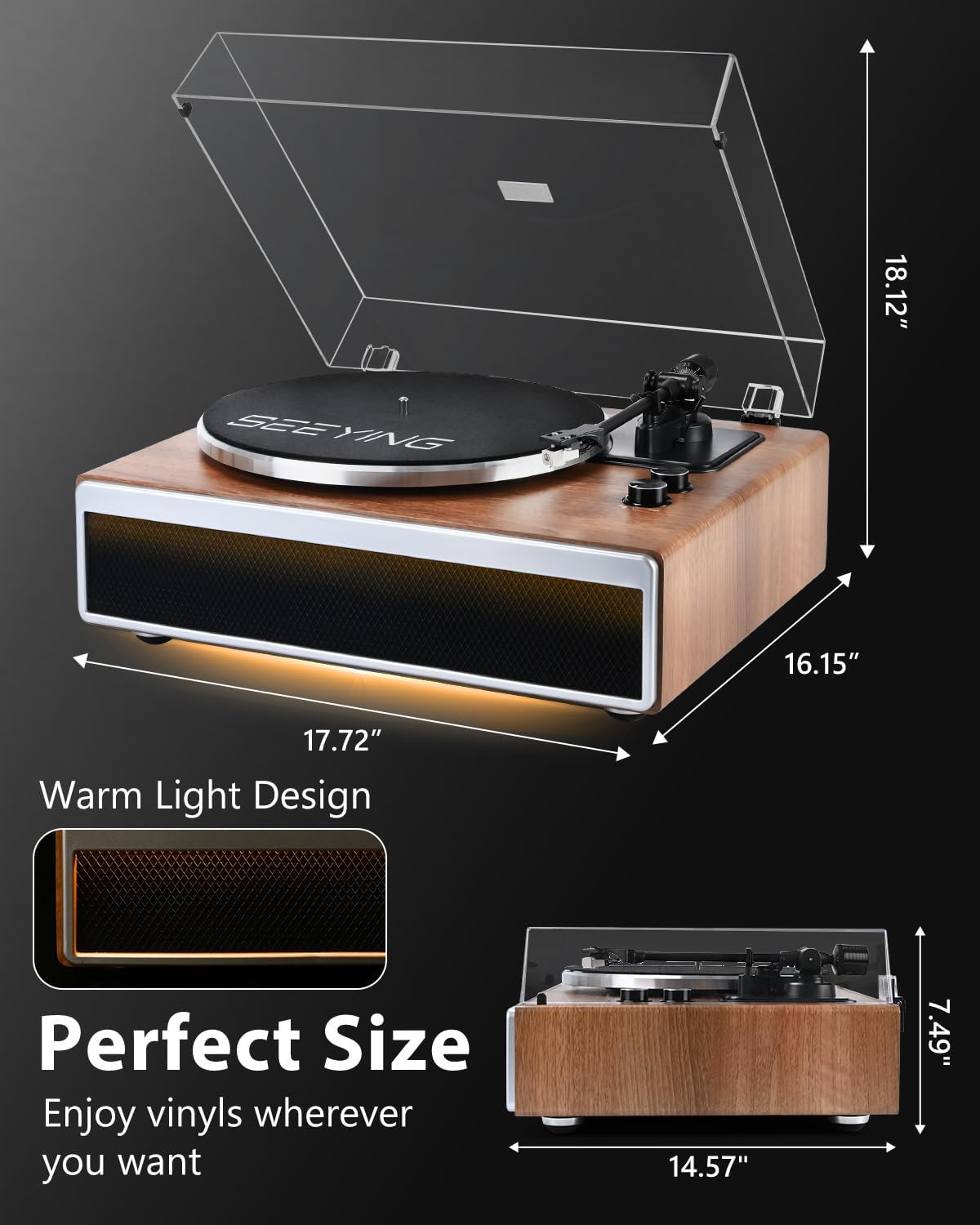 SeeYing Vinyl Record Player with Built in HiFi Speakers, Bluetooth Belt Drive Turntable for Vinyl Records with Magnetic Cartridge, Auto Stop and Warm Light Design