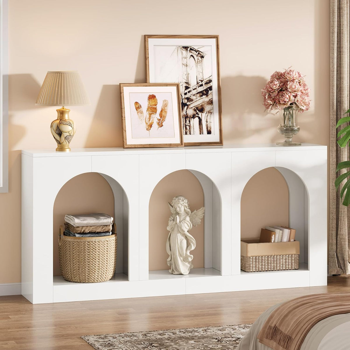 Tribesigns 70.9" White Console Table with Storage, Wood Entryway Entry Table with 3 Arched Shelves for Foyer, Hallway, Living Room, Behind Couch Sofa, Narrow Long