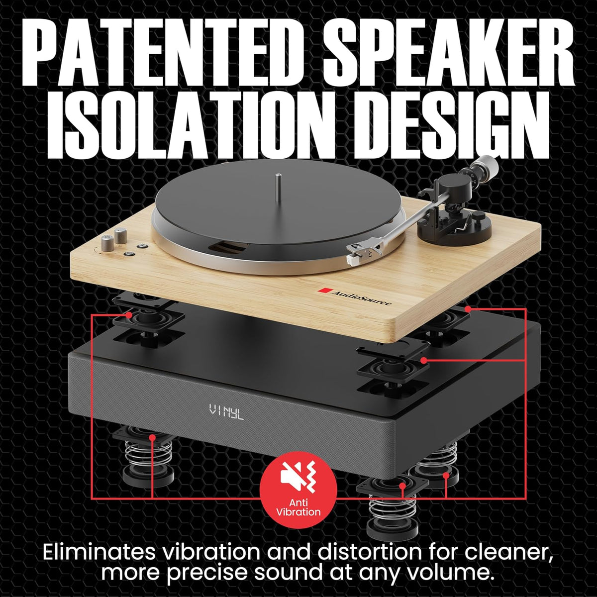 AudioSource Vinyl Record Player, All-in-one Turntable with 2.1 Channel Built-in Speaker, Bluetooth 5.4, 120W, Built-in Subwoofer, High Fidelity 2-Speed Belt Drive, Patented Isolation System, AT-3600L
