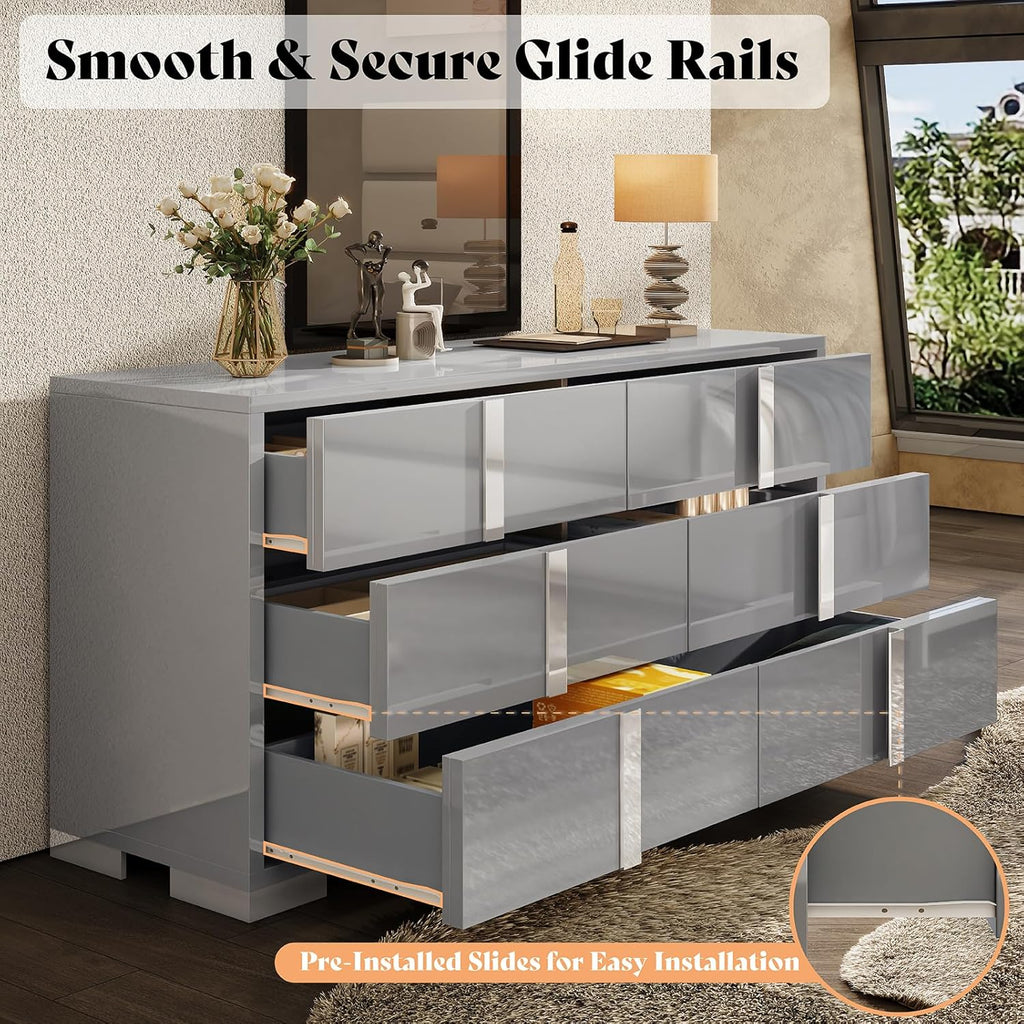 AMERLIFE 54" W High Gloss 6 Drawers Dressers with Silver Grooved Handles, Modern Storage Chest of Drawers with Wide Tabletop, for Bedroom/Dressing Room/Living Room, Grey