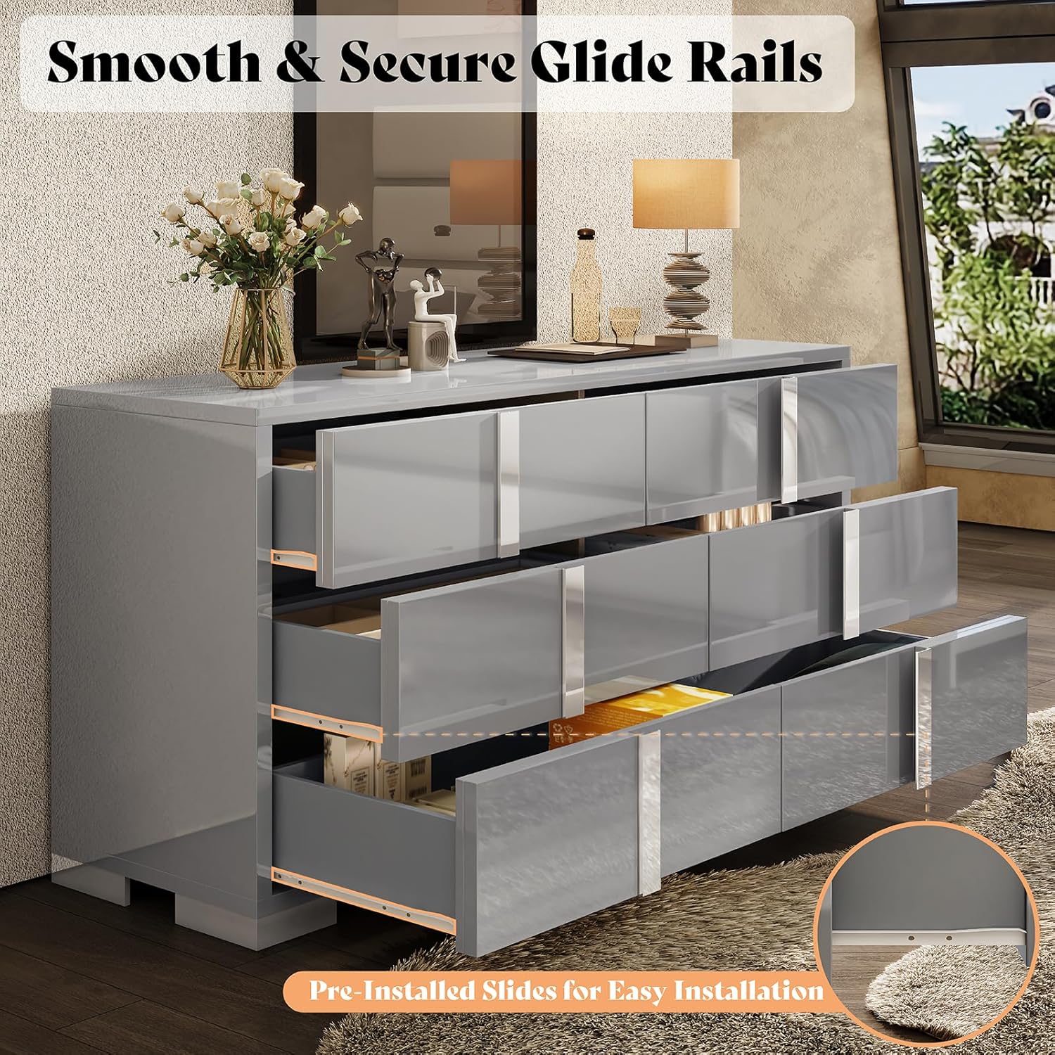 AMERLIFE 54" W High Gloss 6 Drawers Dressers with Silver Grooved Handles, Modern Storage Chest of Drawers with Wide Tabletop, for Bedroom/Dressing Room/Living Room, Grey