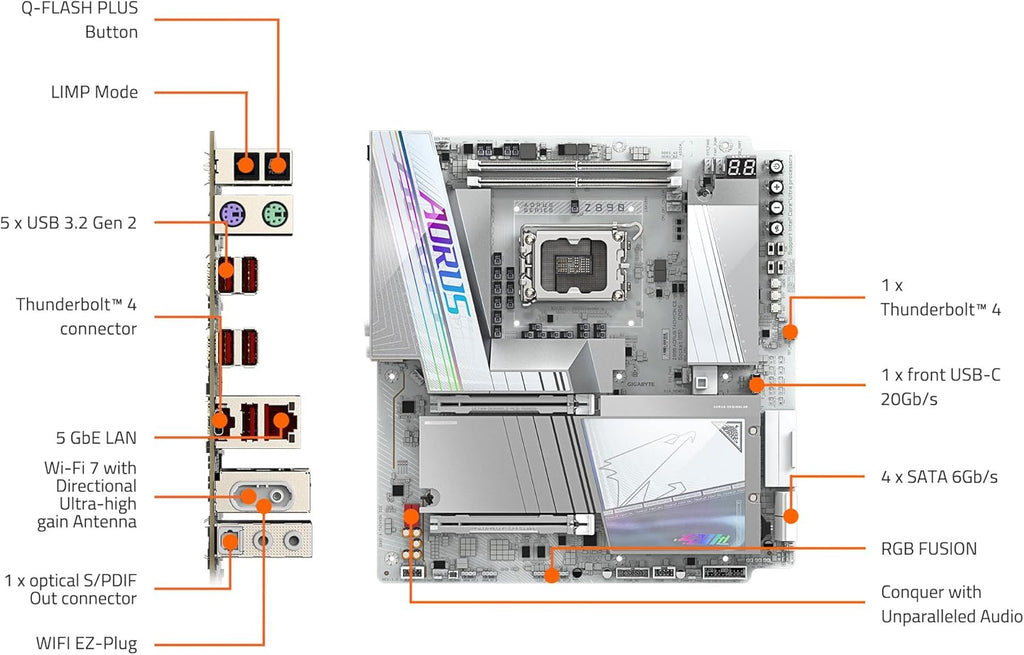 GIGABYTE Z890 AORUS Tachyon ICE Intel Core Ultra (Series 2) LGA 1851 Motherboard, E-ATX, DDR5, 4X M.2, PCIe 5.0, Thunderbolt 4, WIFI7, 5GbE LAN, D5 Bionic Corsa