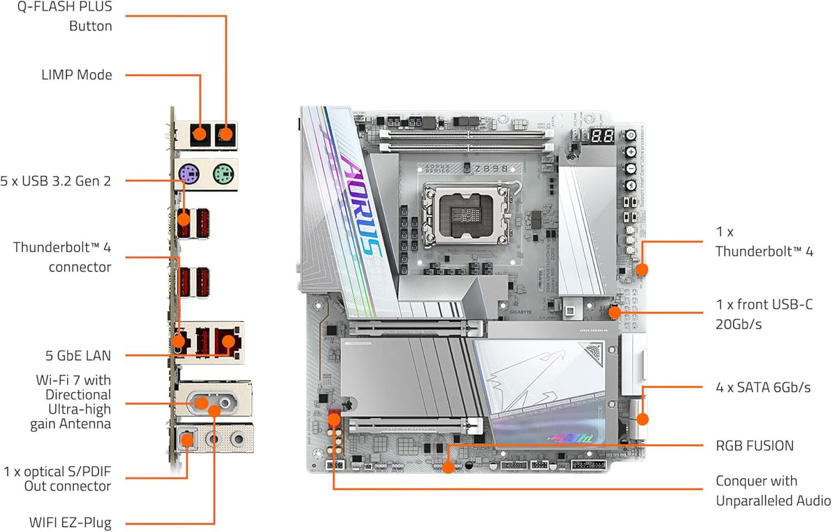 GIGABYTE Z890 AORUS Tachyon ICE Intel Core Ultra (Series 2) LGA 1851 Motherboard, E-ATX, DDR5, 4X M.2, PCIe 5.0, Thunderbolt 4, WIFI7, 5GbE LAN, D5 Bionic Corsa