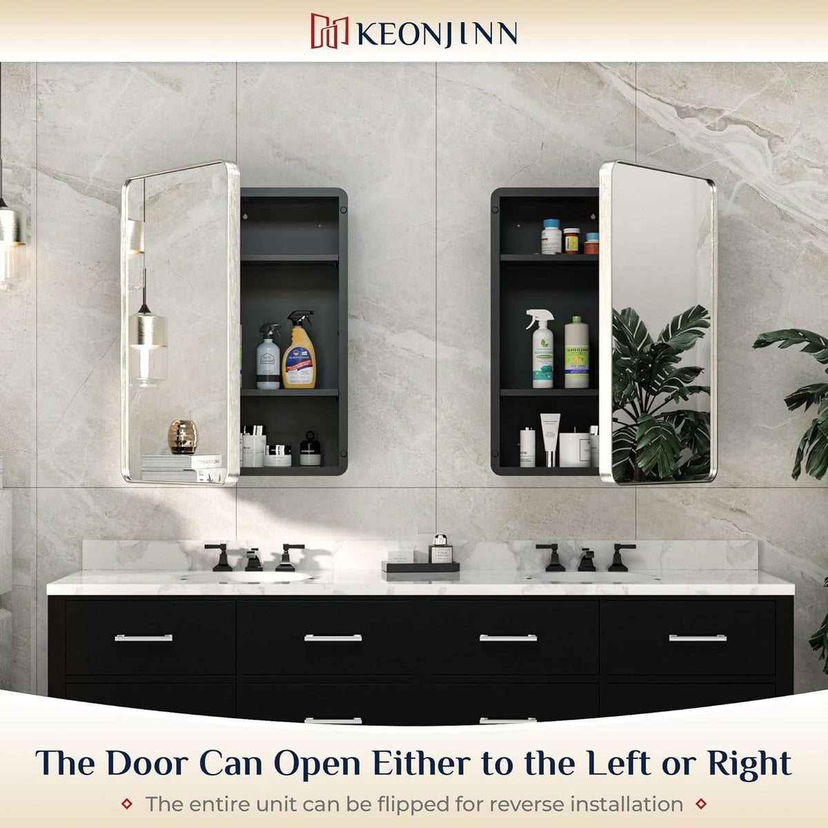 Keonjinn Brushed Nickel Medicine Cabinet for Bathroom, 16 x 24 Inch Medicine Cabinet with Mirror, Stainless Steel Framed, Stepless Adjustable Shelves, Recessed or Wall Mount, Sturdy, Rounded Rectangle
