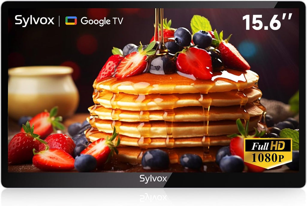 SYLVOX 15.6" Kitchen TV, 1080P FHD Under Cabinet TV with App Store, Voice Assistant, Chromecast, 12-Volt for Small Spaces, Kitchen, Bedroom, RV - Fits Tight Cabinets