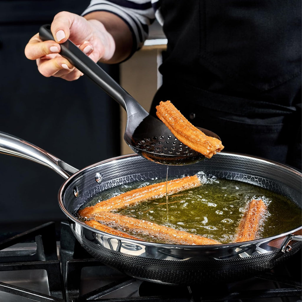 HexClad 9-Piece Kitchen Utensil Set, 9 Stainless Steel & Silicone Tools with a Fingerprint-Resistant Metallic Finish, Heat-Resistant to 450°F, Dishwasher-Safe, Includes Non-Slip Ceramic Crock Holder