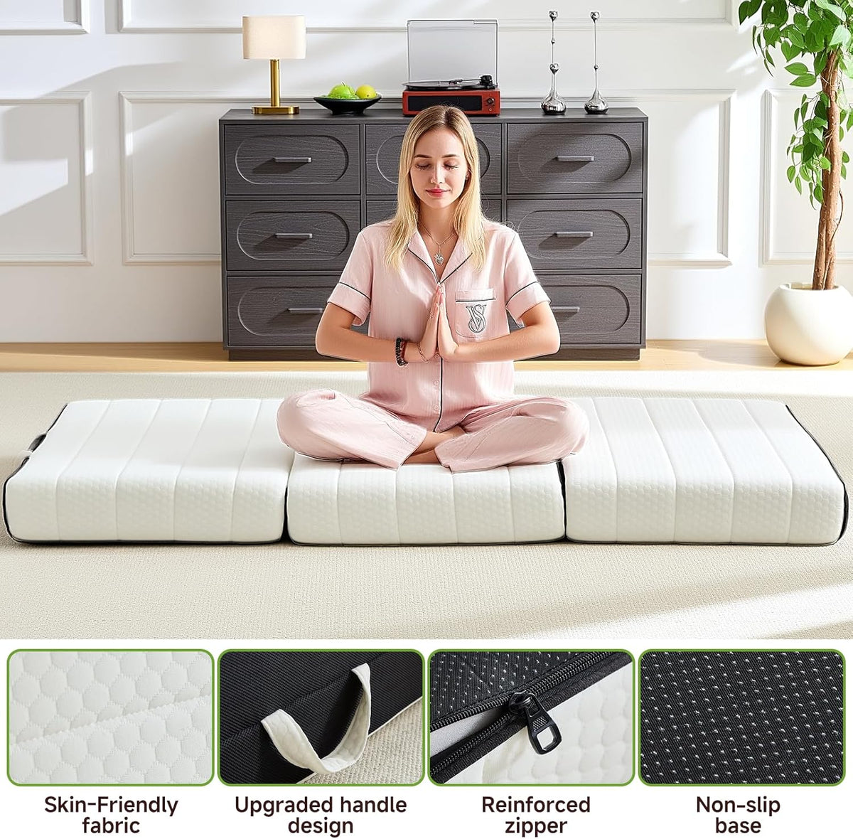 ROXGOX Foldable Mattress, King Tri-Fold Memory Foam Mattress with Washable Cover, Handle & Non-Slip Bottom, 6 Inch Portable Folding Bed for Guest, Yoga, Living Room, Camping - 80"x76"x6"