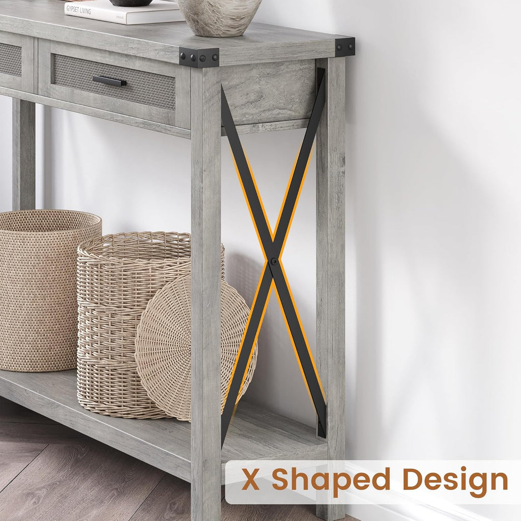 IDEALHOUSE Farmhouse Entryway Table, Grey Console Table with Rattan Drawers, 43" Sofa Table with Storage, Console Tables for Entryway, Living Room, Hallway, Foyer-Grey