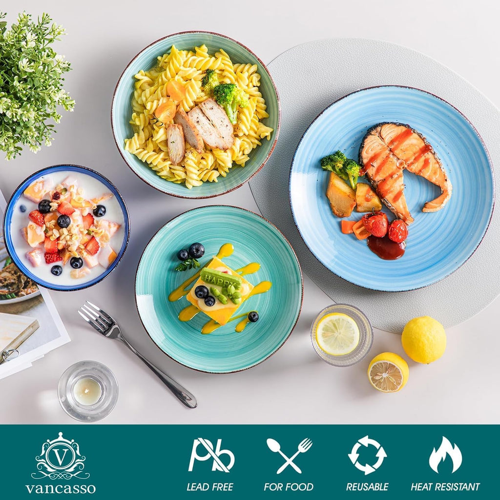 vancasso Bonita Stoneware Dinnerware Sets 24 Pieces Service for 6, Hand-Painted Spiral Dishes Set, Ceramic Kitchen Plates and Bowls Sets-Microwave and Dishwasher Safe (Blue,24 Pcs)