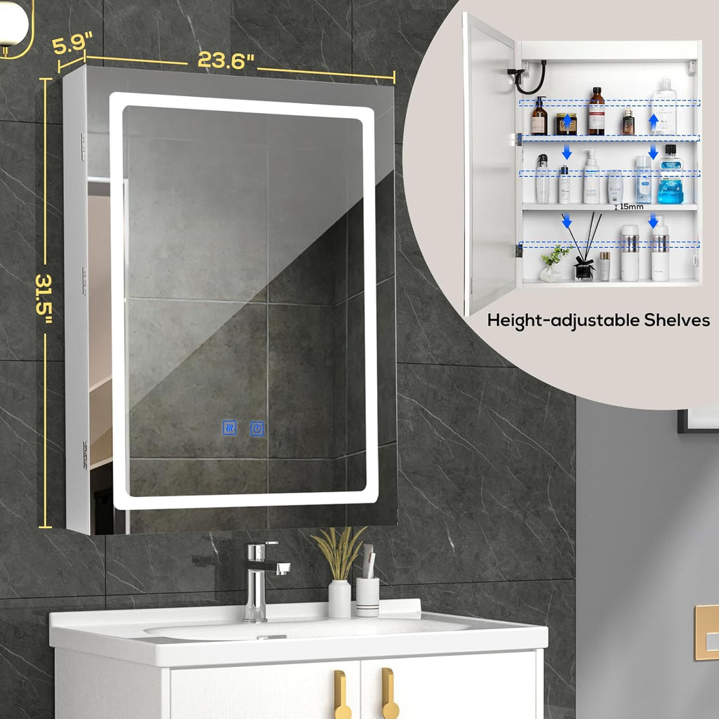 VOWNER Anti-Fog Lighted Bathroom Medicine Mirror Cabinet, Medicine Cabinet with Mirror and Lights, Dimmable, Adjustable Shelves, Memory 3-Color Mode(Engineered Wood, 24"×32")