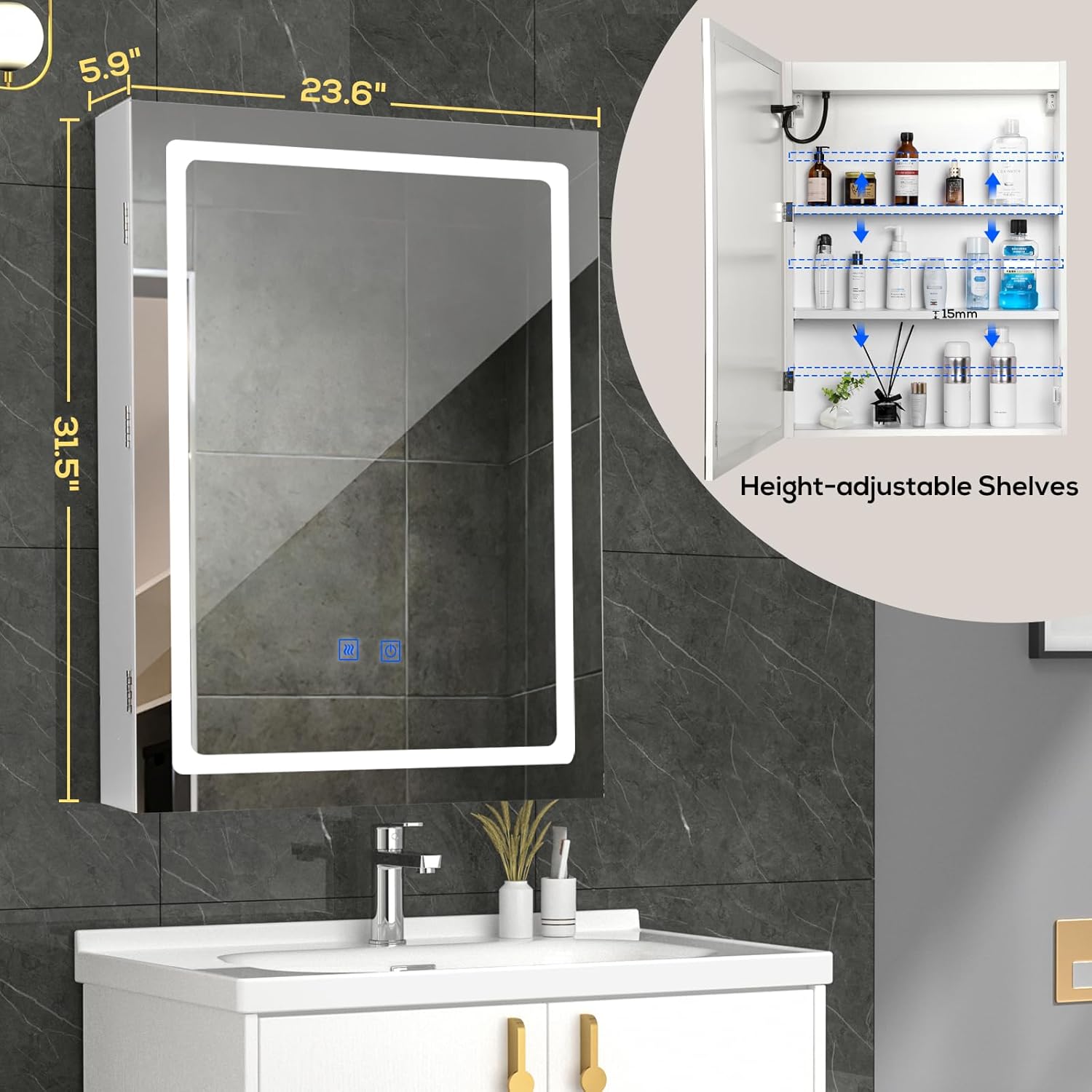 VOWNER Anti-Fog Lighted Bathroom Medicine Mirror Cabinet, Medicine Cabinet with Mirror and Lights, Dimmable, Adjustable Shelves, Memory 3-Color Mode(Engineered Wood, 24"×32")