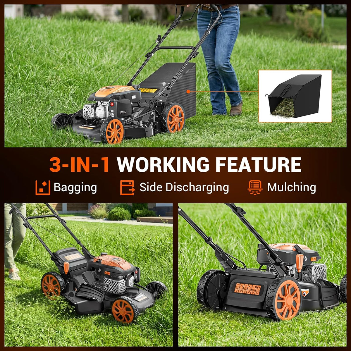 21" Self-Propelled Gas Lawn Mower, 170CC Engine, 3-in-1 with Mulching and Side Discharge, 7 Position Cutting Height Adjustment for Yard and Garden