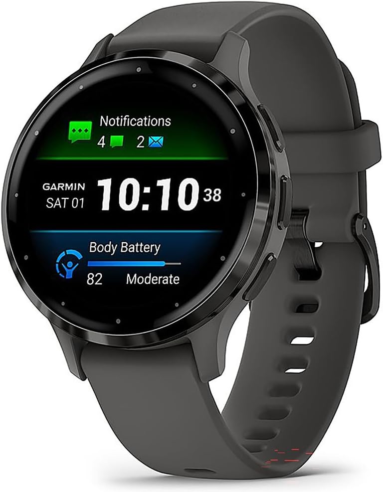 Garmin 010-02785-00 Venu 3S Health Fitness GPS Smartwatch Steel Bezel with Pebble Gray Case 41mm Bundle with Deco Essentials Charging Dock, Dust Cover 3 Pack and 2-Pack Screen Protector