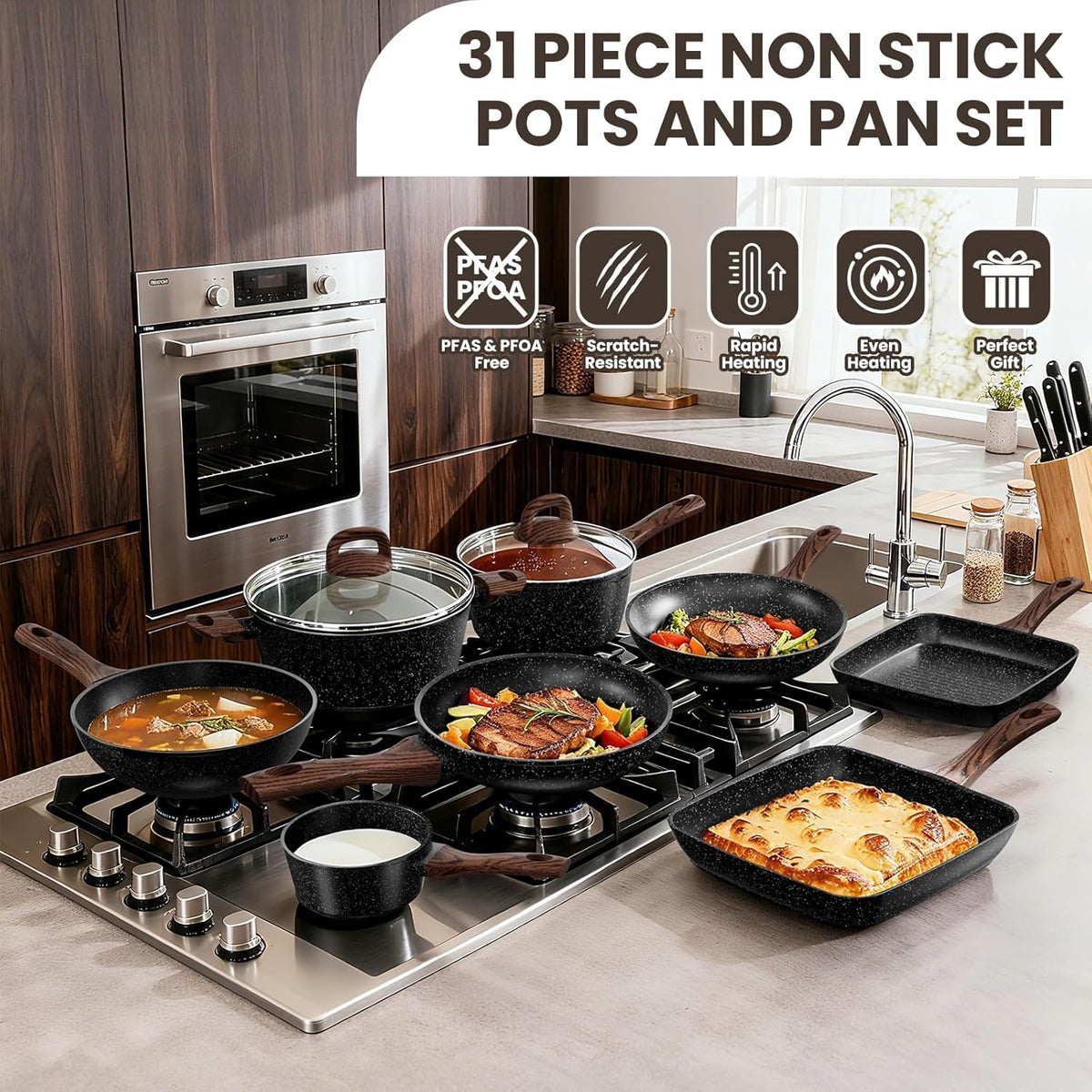 Pots and Pans Set Non Stick, 31 Piece Kitchen Induction Cookware & Bakeware Set, Nonstick Kitchen Cooking Pans Set with Frying Pans Set Grill Pan Saucepan Baking Sheet & Utensils, PFOA Free