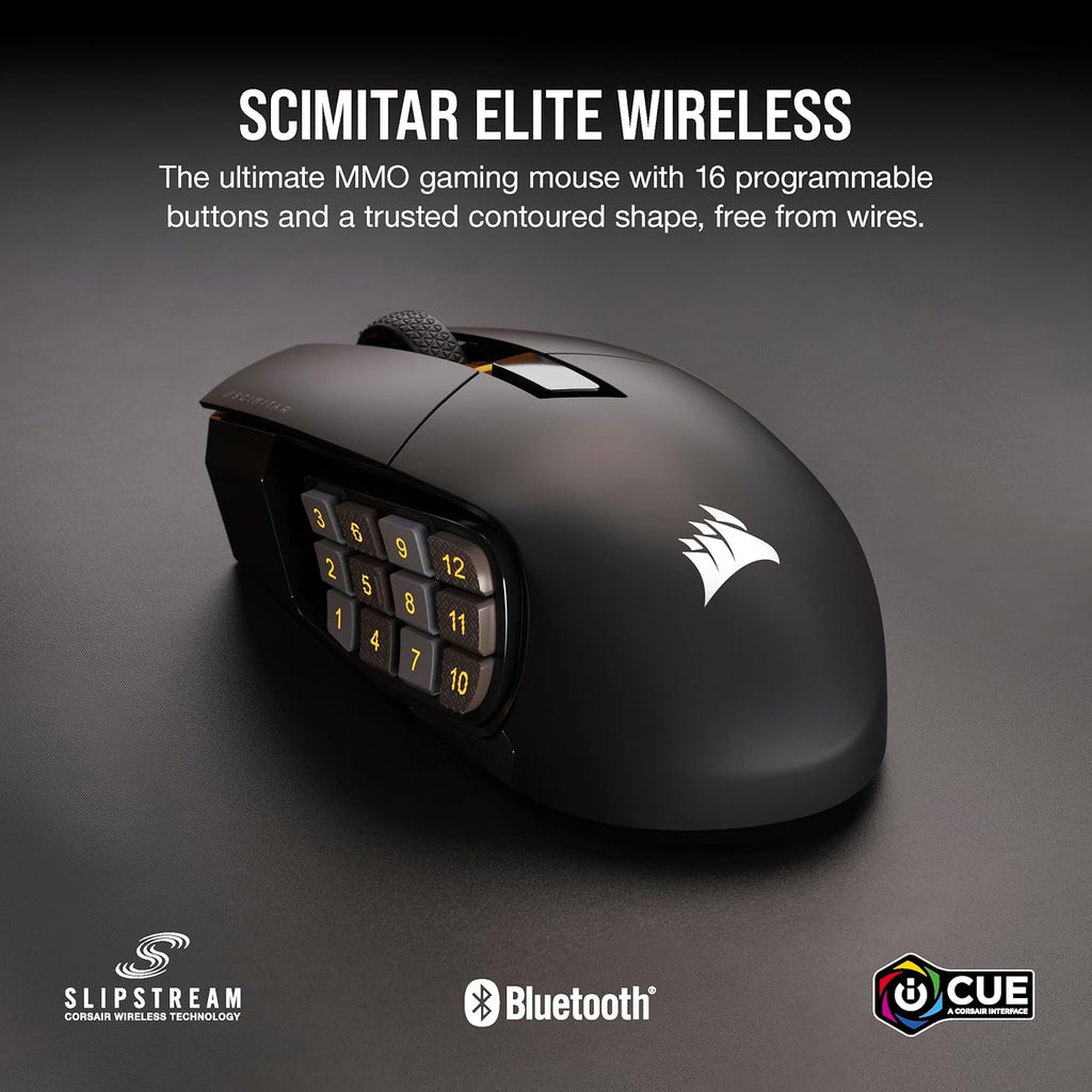 Corsair Scimitar Elite RGB Wireless MMO Gaming Mouse - 26,000 DPI - 16 Programmable Buttons - Up to 150hrs Battery - iCUE Compatible - Black