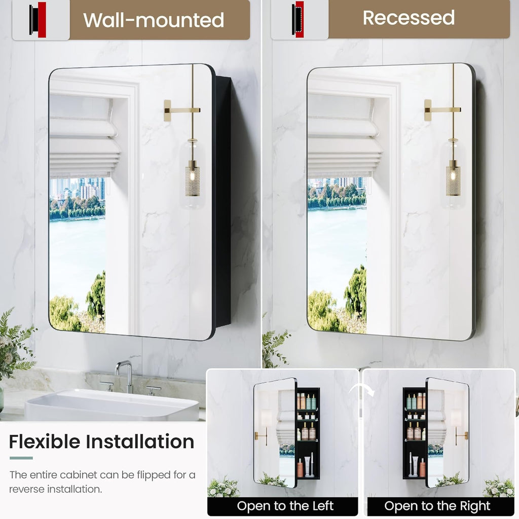 Bathroom Medicine Cabinet with Mirror, 20x30 Inch Recessed or Surface Mount Wall Organizer, Fits Tall Bottles, 6 Adjustable Glass Shelves, Soft Close DTC Hinges, Matte Black, Pre-Assembled