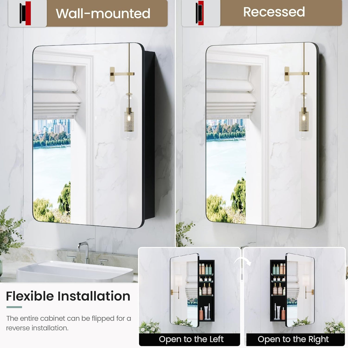 Bathroom Medicine Cabinet with Mirror, 20x30 Inch Recessed or Surface Mount Wall Organizer, Fits Tall Bottles, 6 Adjustable Glass Shelves, Soft Close DTC Hinges, Matte Black, Pre-Assembled