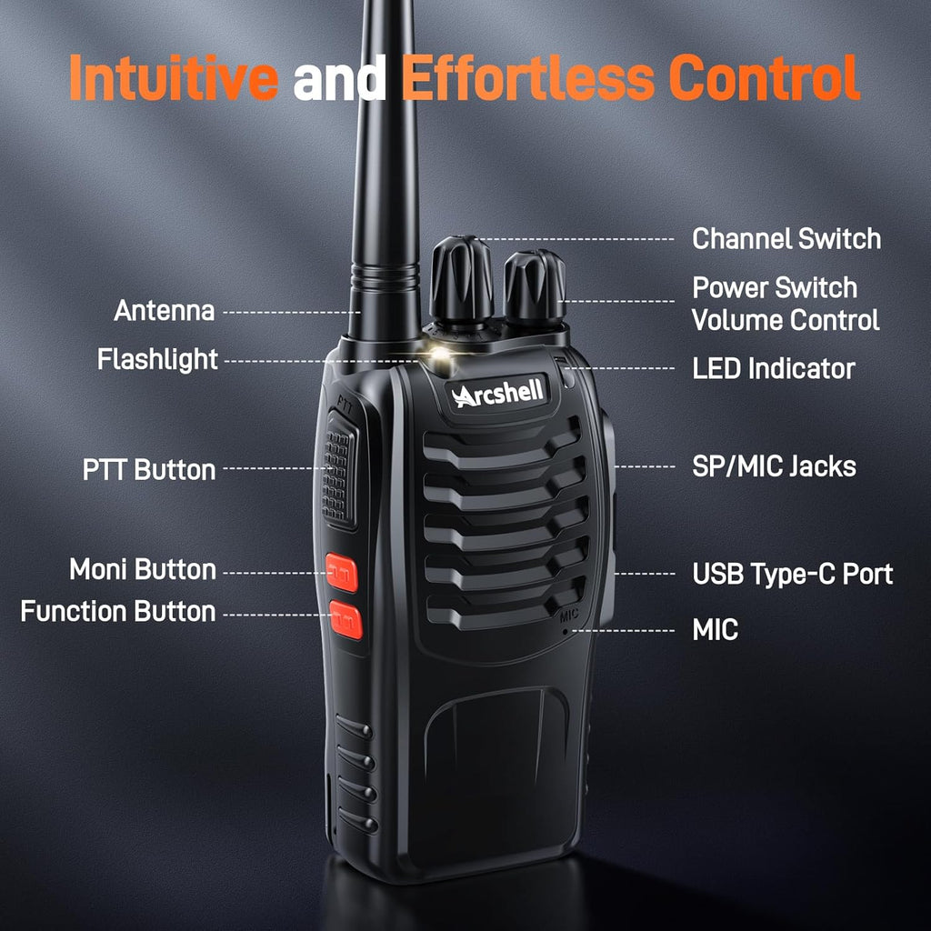 Rechargeable Long Range Two-Way Radios with Earpiece 10 Pack Arcshell AR-5 Walkie Talkies Li-ion Battery and Charger Included (10 Pack)