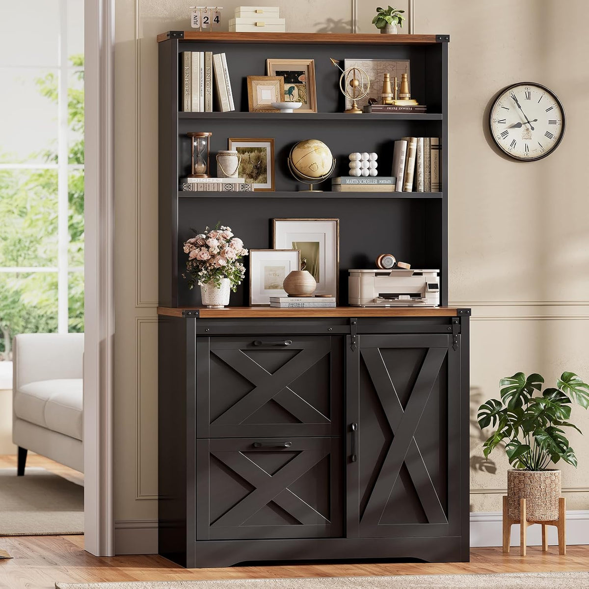 SEDETA 2 Drawer Filing Cabinet, Farmhouse File Cabinet for Home Office fits Legal/Letter/A4 File, Office File Cabinets with Printer Stand, Sliding Bar Door and Storage Bookshelf, Black + Brown
