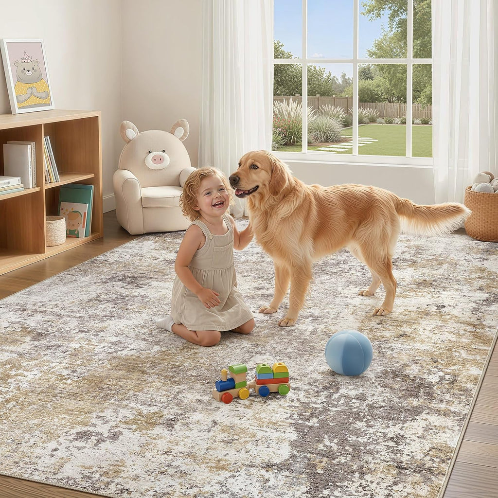 Nakagishi 10X14 Area Rugs for Living Room: Washable Modern Abstract Rug with Non-Slip Silicone Backing Low Pile Soft Carpet for Bedroom & Dining Decor Ideal for Families with Kids and Pets-Brown