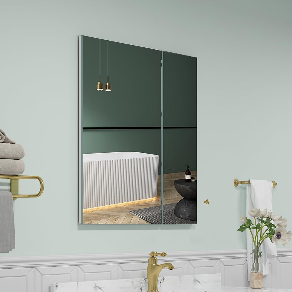 Quavikey Medicine Cabinet for Bathroom with Mirror 2 Doors Aluminum Surface Mount or Recessed Mirror Medicine Cabinet 30x30 Inch, Silver