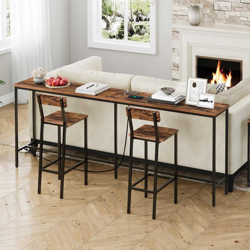MAHANCRIS 78.7" Console Table with Power Outlet, 11.8" Wide Narrow Sofa Table, Industrial Entryway Table with USB Ports, Behind Couch for Entryway, Hallway, Foyer, Living Room, Rustic Brown CTHR320E01