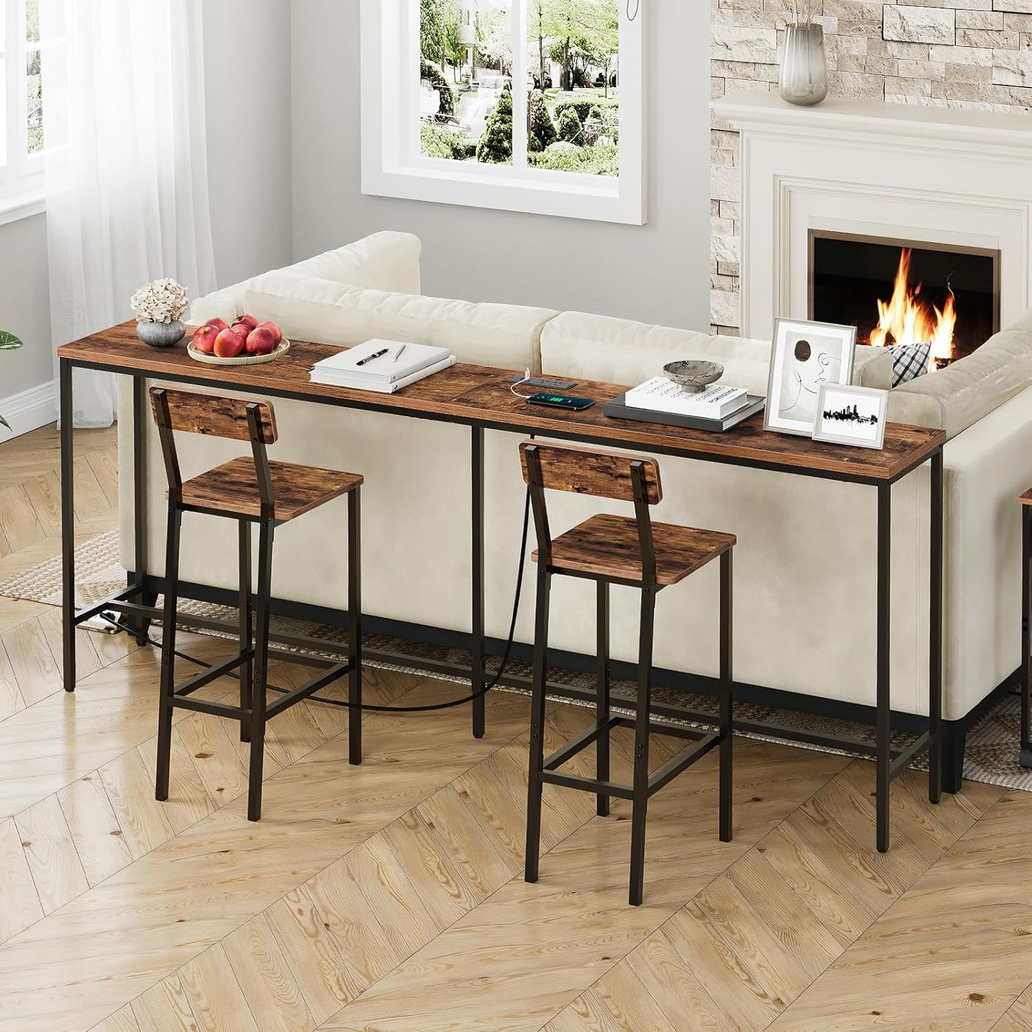 MAHANCRIS 78.7" Console Table with Power Outlet, 11.8" Wide Narrow Sofa Table, Industrial Entryway Table with USB Ports, Behind Couch for Entryway, Hallway, Foyer, Living Room, Rustic Brown CTHR320E01
