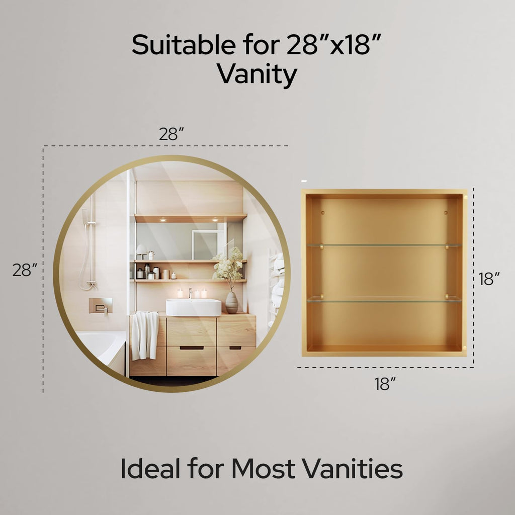 HOUSE REFLECTION 28 Inch Round Medicine Cabinets for Bathroom – Metal Frame, Adjustable Glass Shelves, HD Distortion Free Mirror Glass, Rust Resistant & Moisture-Proof, Mirrored Cabinet Door,Gold