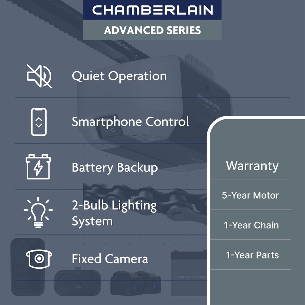 Chamberlain 3/4 HP Chain Drive Smart Garage Door Opener with Fixed Camera, Battery Backup, 2-Bulb Lighting, and myQ Connectivity