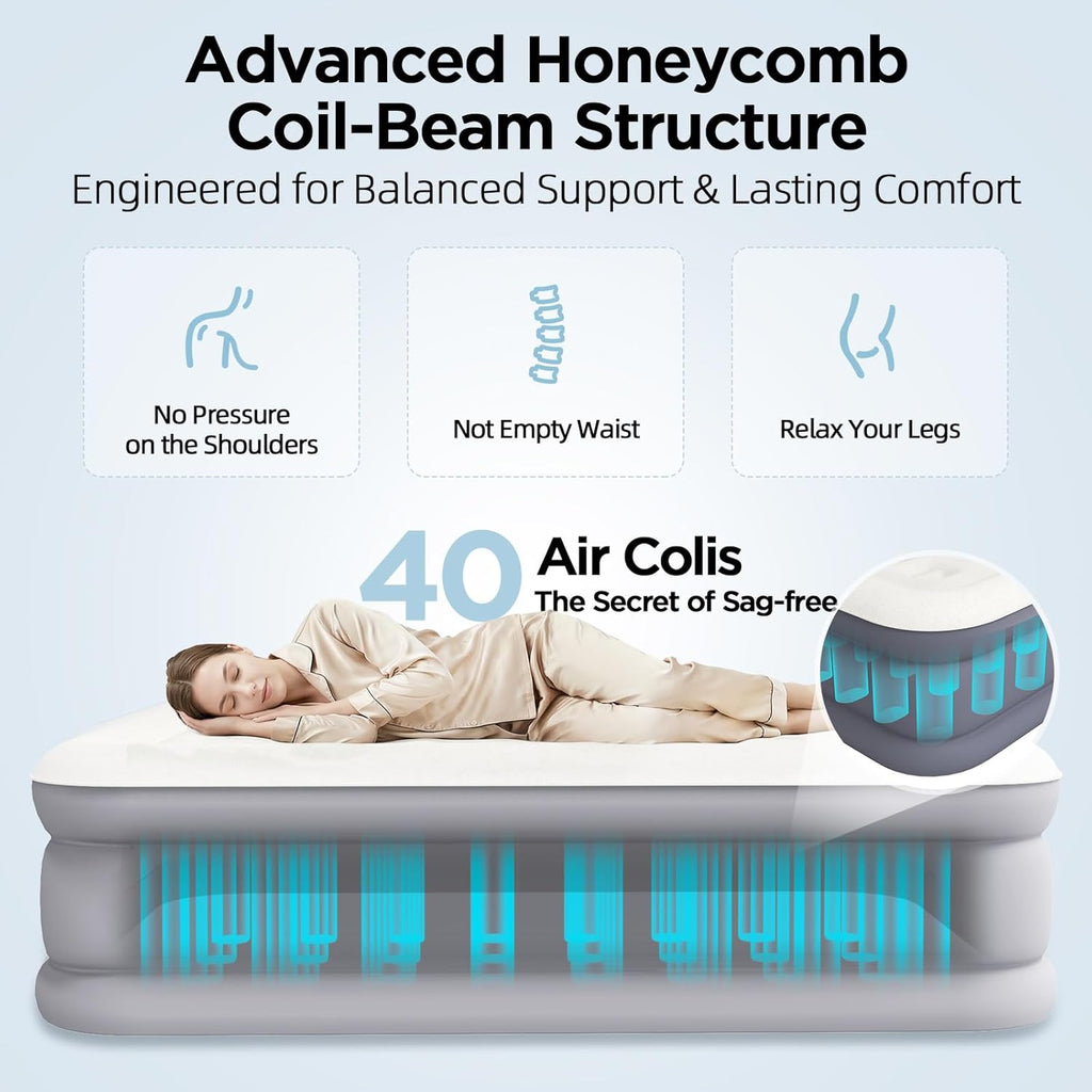 Queen Air Mattress with Built-in Pump 18in, 3-Layer Fabric-Laminated Side Walls Anti-Leak, Honeycomb Coil-Beam Support 800 LBS, 3-Min Inflation Blow up Air Mattress for Home Guests Camping