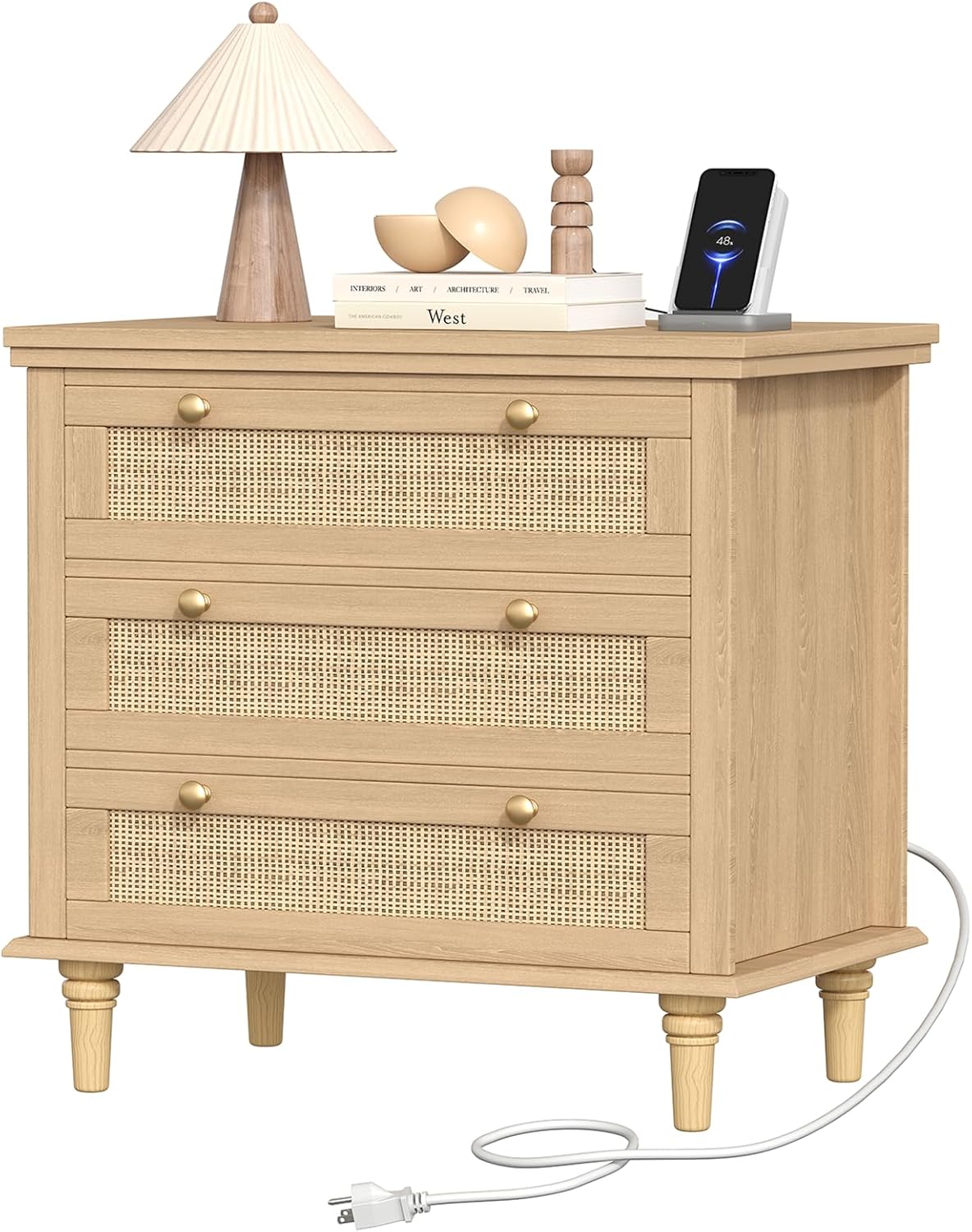Keehusux 27.6" W Rattan Nightstand with 3 Drawers, Large Night Stand with Charging Station, Boho Bedside Table with Round Handles, Wooden End Table for Bedroom, Natural Oak
