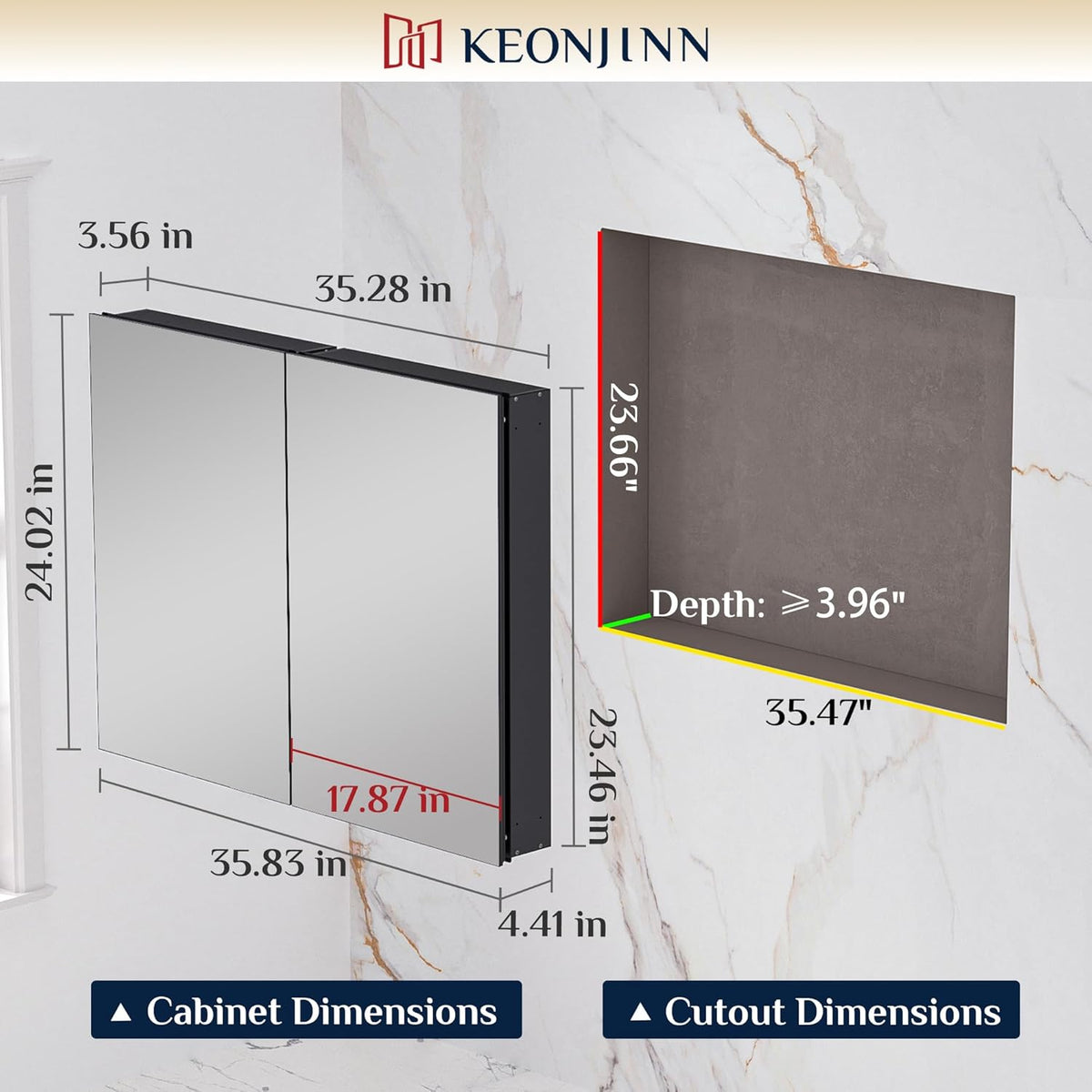 Keonjinn 36 x 24 Inch Black Medicine Cabinet, Bathroom Medicine Cabinet with Mirror, Lightweight Aluminum Structure, Assembly Required, in Wall or Wall Mount, Free Adjustable Shelves, Tempered Glass