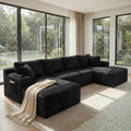 133" Oversized Cloud Boneless Sofa Couch with Chaise, Modern Corduroy U Shaped Modular Sectional Sofa with Deep Seat, Comfy Couch with Cupholders and Storage, No Assembly Required-Black
