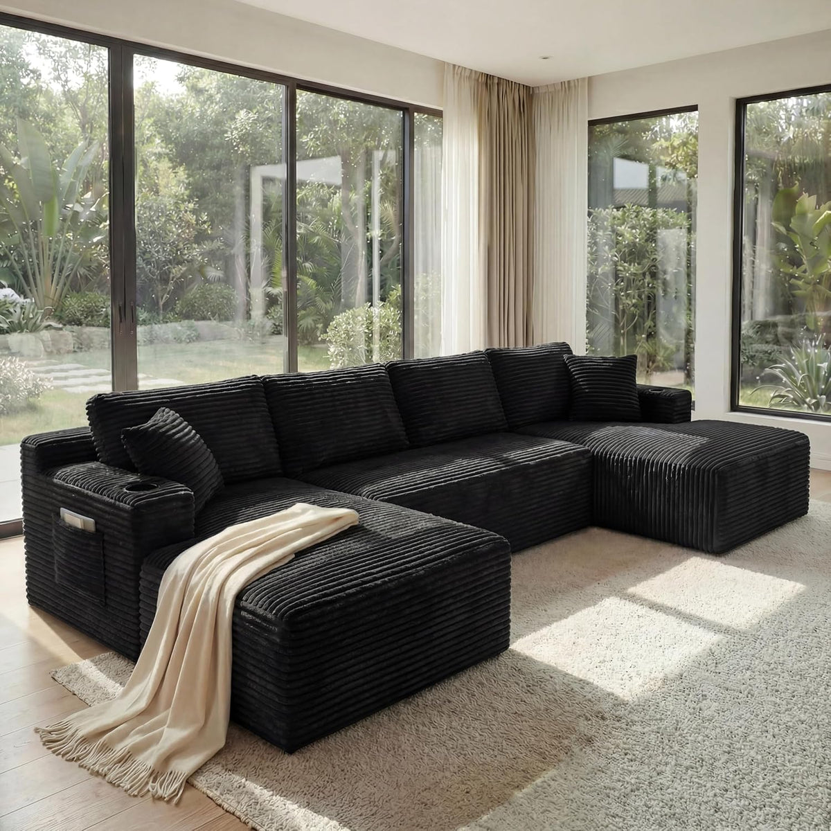 133" Oversized Cloud Boneless Sofa Couch with Chaise, Modern Corduroy U Shaped Modular Sectional Sofa with Deep Seat, Comfy Couch with Cupholders and Storage, No Assembly Required-Black