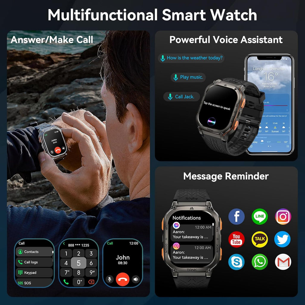 AMAZTIM Military Smart Watch with GPS, 6 Satellite Positioning/Compass, Stainless Steel Body, Waterproof, 480mAh Extra-Large Battery, Answer/Make Call, 2" AMOLED Screen, Compatible for Android iOS