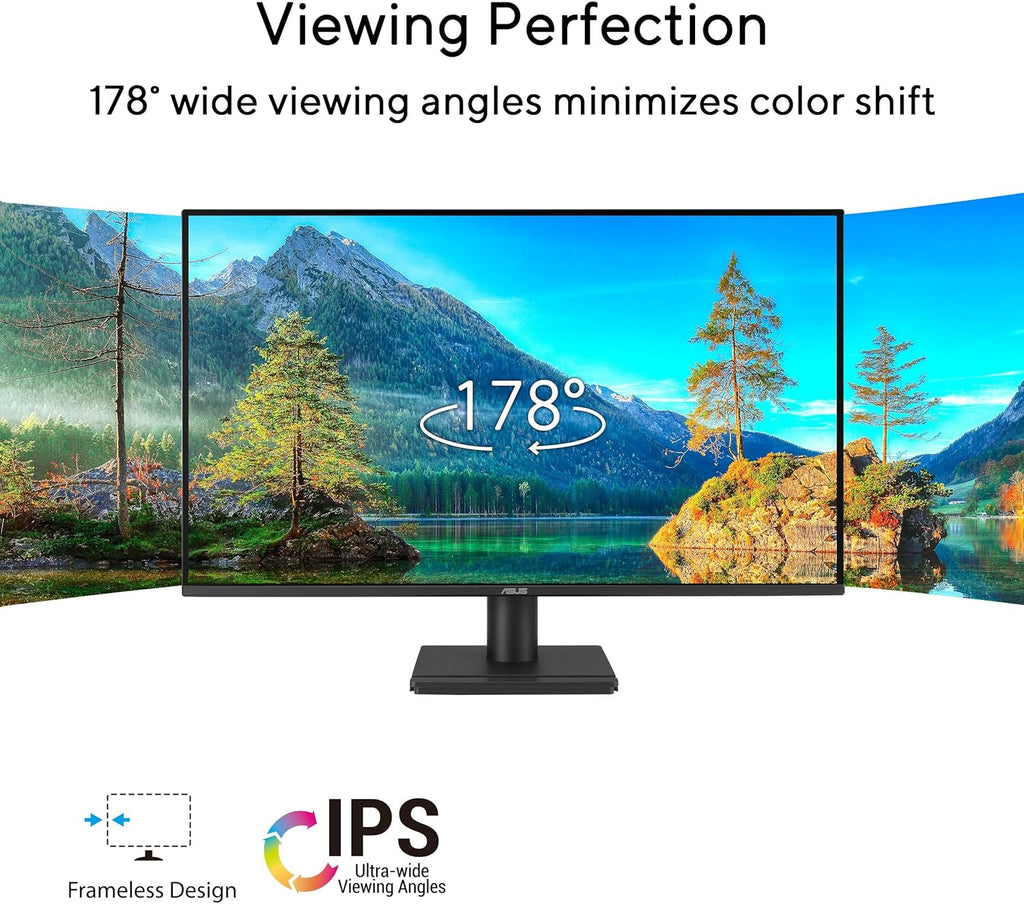ASUS 27” 1440P Eye Care Monitor (VA27AQ) - IPS, QHD (2560 x 1440), 99% sRGB, Frameless, HDMI, DisplayPort, VGA, 1ms, Speakers,Low Blue Light, Flicker Free, VESA Wall Mountable, 3 yr Warranty