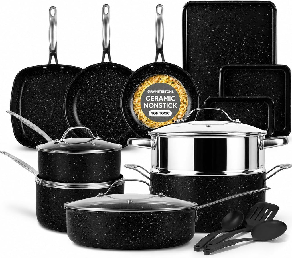 GRANITESTONE 20 Pc Complete Pots and Pans Set Non Stick Cookware Set with Saute Pan, Bakeware, Steamer, Cooking Utensils, Made Without PFOA PFOS, Oven and Dishwasher Safe