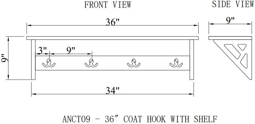 Coventry 36 in. W Open-Design Coat Hook & Bench Hall Tree Set for Entryway, Laundry Room & More, Traditional, Modern & Cottage Options, 4 Double Hooks & 36 in. W Shelf, Easy to Assemble