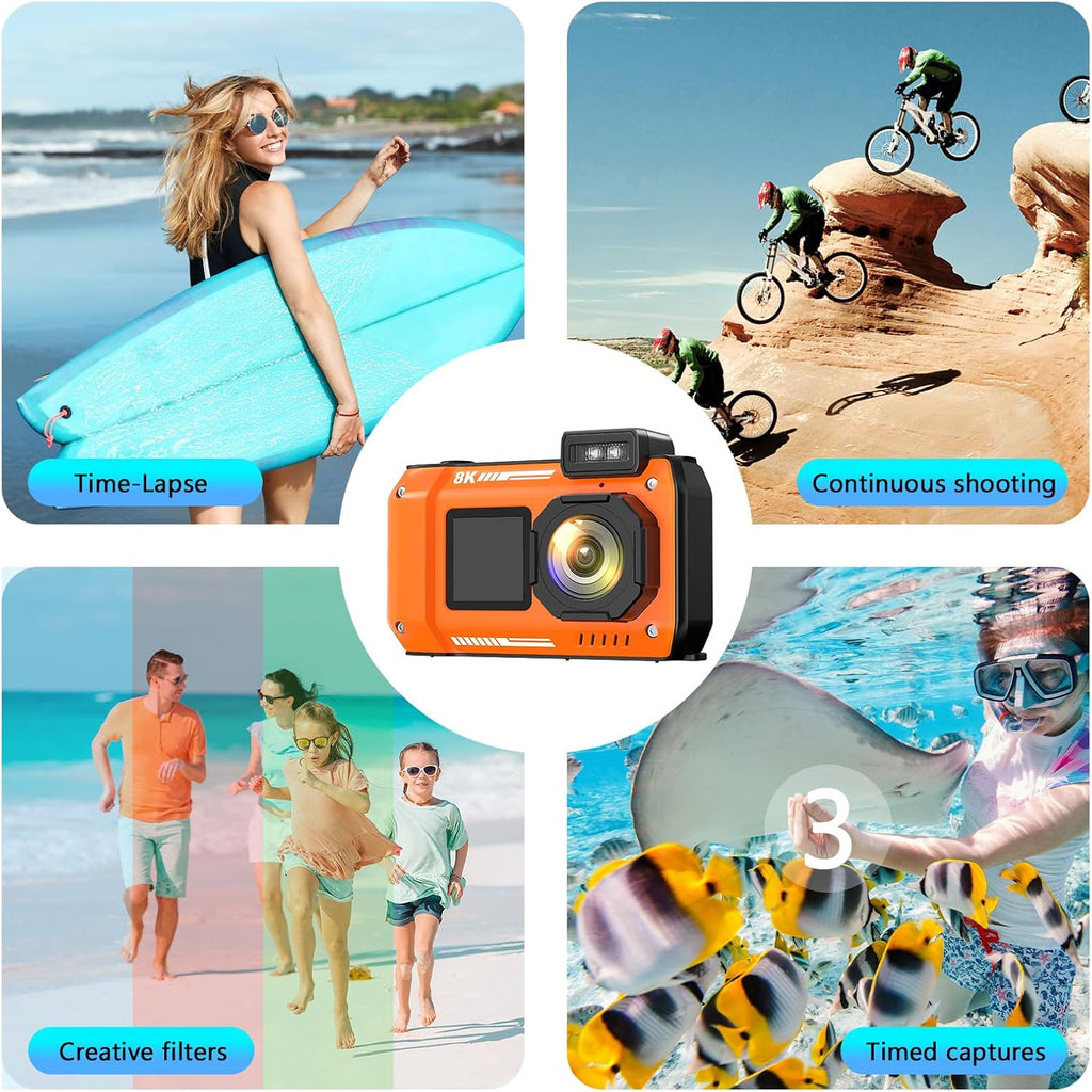 8K Underwater Camera 33FT Waterproof Camera with 64GB Card 70MP 18X Zoom Waterproof Digital Camera Auto Focus Dual-Screen Selfie 2500mAh Battery Dustproof Shockproof