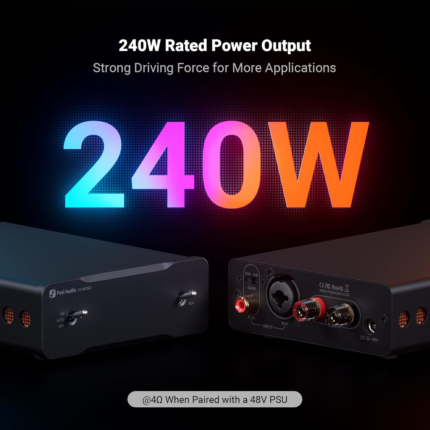 Fosi Audio Two V3 Mono Power Amplifier 240W Class D AMP with TPA3255 Chip, RCA/XLR Balanced Inputs, 48V/10A Power, for Home Audio Speakers & Home Theater