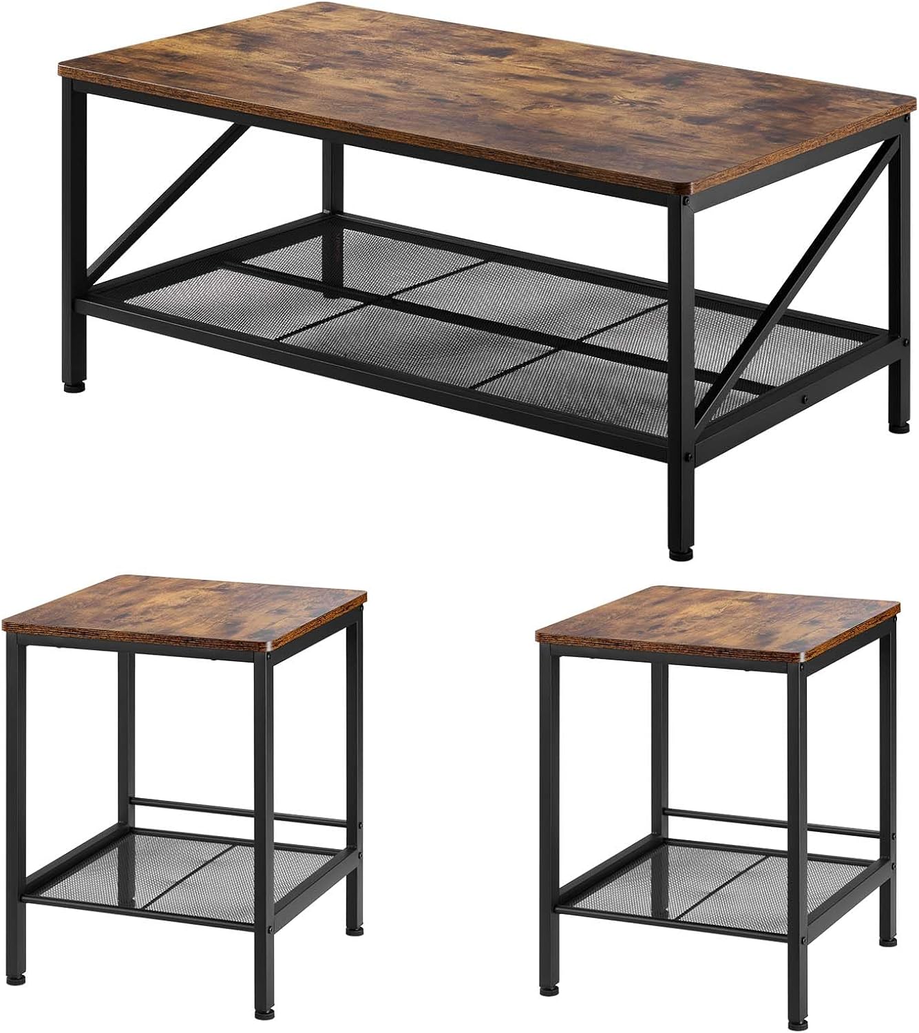 VEVOR 3 Pieces Living Room Table Sets, 41.3 in Industrial Coffee Table with 2 Square End Side Tables, Easy Assembly Coffee and End Tables Sets with Metal Legs, for Office, Living Room & Apartment