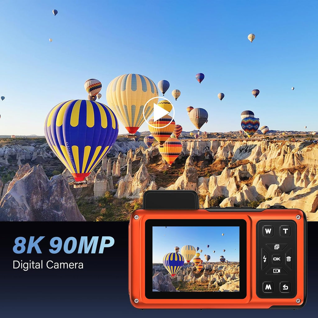 Maxmango V08 Pro 49FT Underwater Camera - 8K 90MP WiFi Waterproof Digital Camera with Touchscreen, Dustproof Shockproof Rugged Camera for Snorkeling, 64GB Point and Shoot Digital Digital Cam - Orange