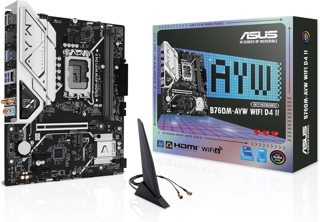 ASUS B760M-AYW WiFi D4 II Intel® B760 (LGA 1700) microATX mATX Motherboard, PCIe 5.0 x16 Support, Two M.2 Slots, DDR4, Realtek 2.5Gb Ethernet, Wi-Fi 6, HDMI, SATA 6 Gbps, Front USB 5Gbps, Aura Sync
