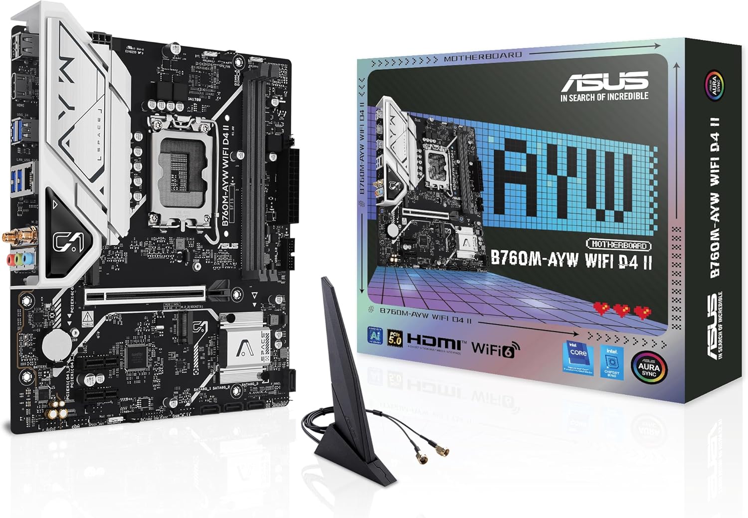 ASUS B760M-AYW WiFi D4 II Intel® B760 (LGA 1700) microATX mATX Motherboard, PCIe 5.0 x16 Support, Two M.2 Slots, DDR4, Realtek 2.5Gb Ethernet, Wi-Fi 6, HDMI, SATA 6 Gbps, Front USB 5Gbps, Aura Sync