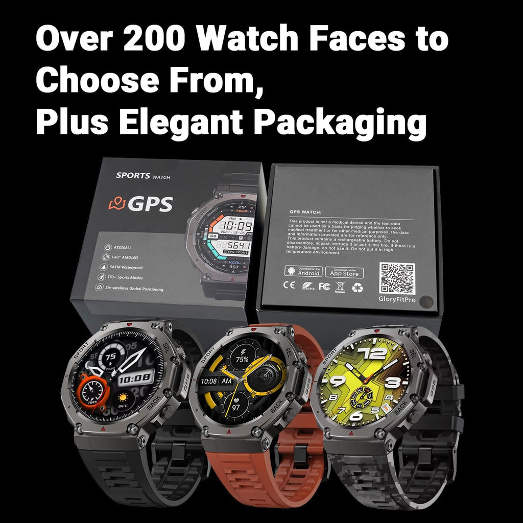 Outdoor GPS Smartwatch, 1.43" AMOLED Display, Titanium Alloy, 5ATM Waterproof, 22-Day Battery, 170+ Sport Modes, Compass, Heart Rate/SpO2/Stress/Sleep Monitor, for Android iOS Men Women (Camo Gray)