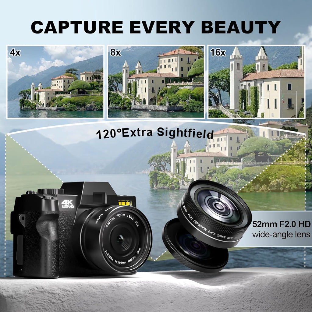 4K Digital Cameras for Photography 48MP/60FPS Video Vlogging Camera for YouTube with 3" 180° Flip Screen WiFi, 16X Digital Zoom Cameras with 32GB Micro Card Wide-Angle & Macro Lens (Black)