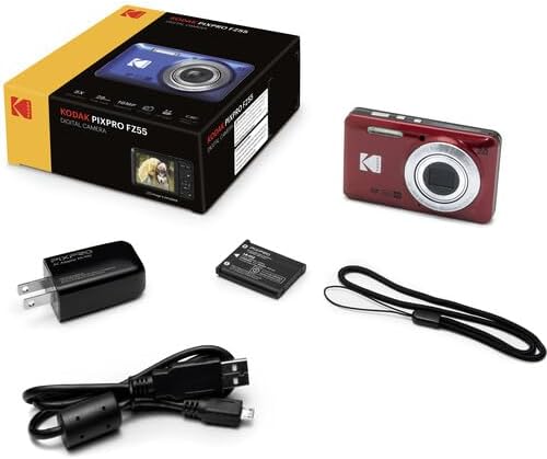 Kodak PIXPRO FZ55 Digital Camera, 16MP Compact Point & Shoot, 5X Optical Zoom, 28mm Wide Angle Lens, 1080P Full HD Video, Red + Camera Case & 32GB SD Card