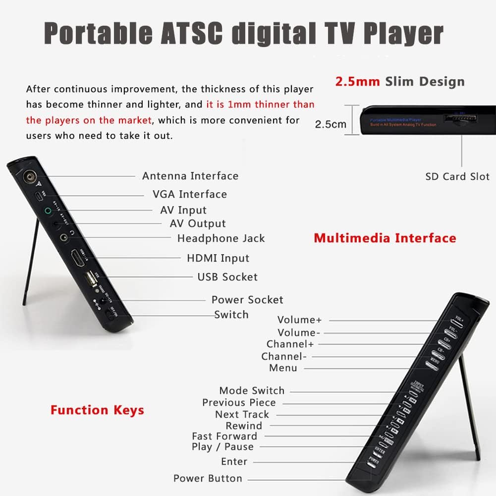 10 inch Portable TV ATSC Digital Television 16:9 TFT LED 1080P HDMI Video Player with USB/TF Card Slot Built in Rechargeable Battery for Home Car Outdoor Travel (01)