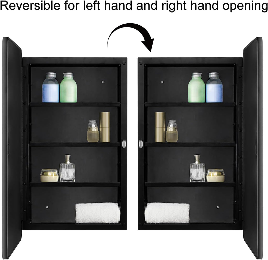 Fundin Black Plastic Medicine Cabinet, Mirror Door with Round Corner Metal Frame, Recessed and Surface Mount Bathroom Wall Medicine Cabinet, 16 x 28 inch Mirror Size